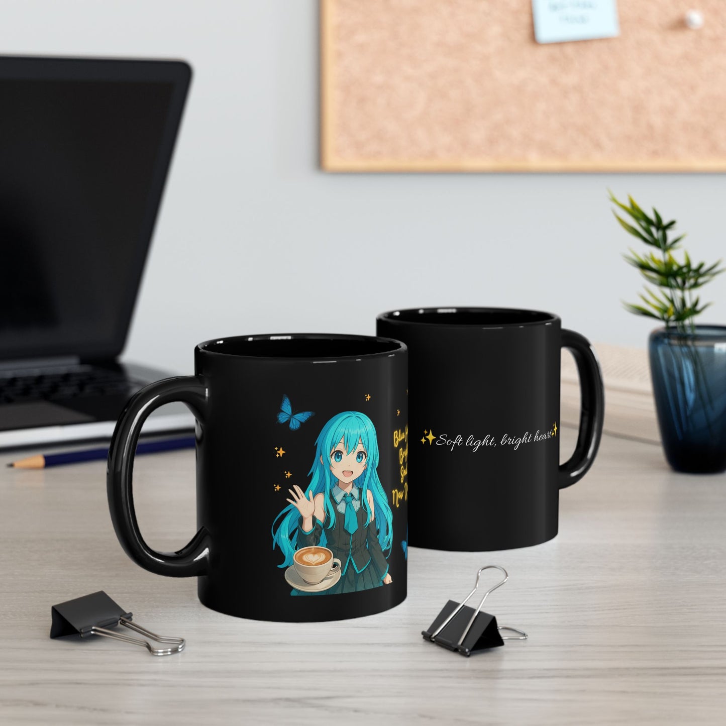 🇺🇸English | ✨ “Sparkle Morning” – Black Mug with Soft Anime Vibes