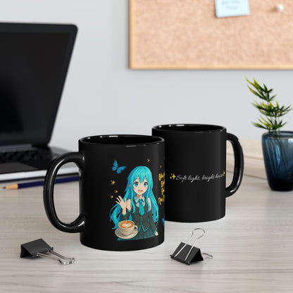 🇺🇸English | ✨ “Sparkle Morning” – Black Mug with Soft Anime Vibes